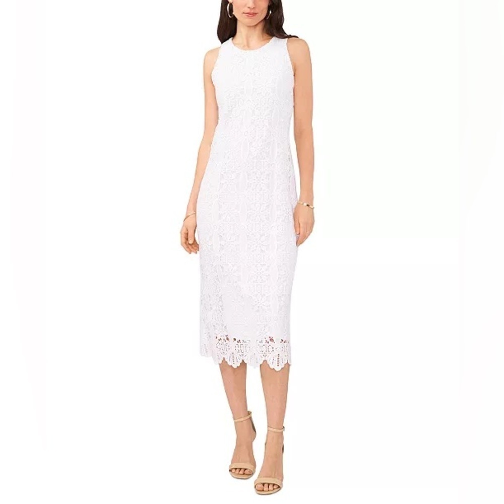 VINCE CAMUTO SLEEVELESS LACE SHEATH DRESS WHITE - Picture 2 of 4